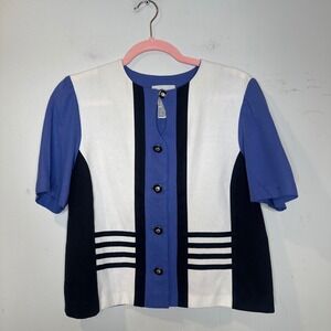 90s Prep Vintage Colorblock Button Front Top Blue White Black 10 Petite Medium